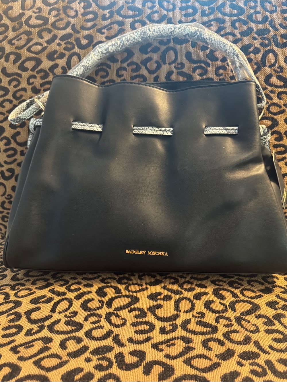Badgley Mischka Black Leather Satchel Silver Snake Print Handle Detail - NWT